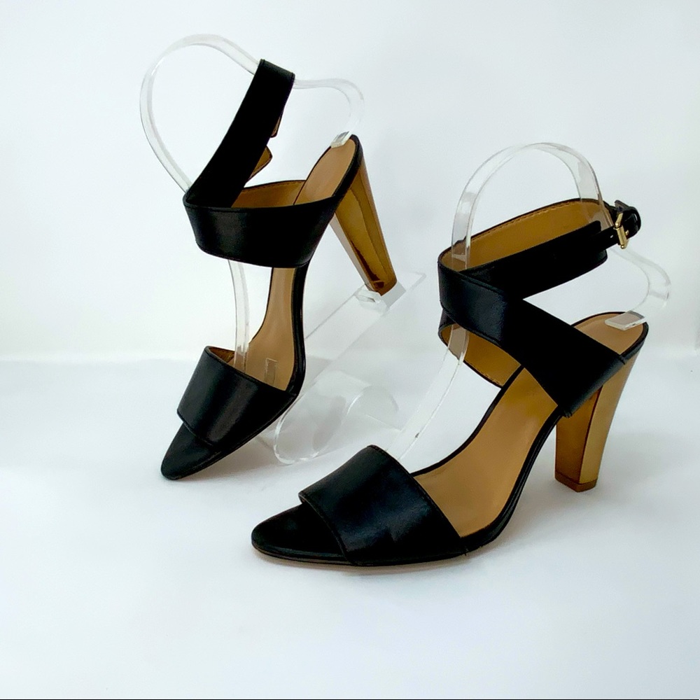Black leather ankle wrap heels